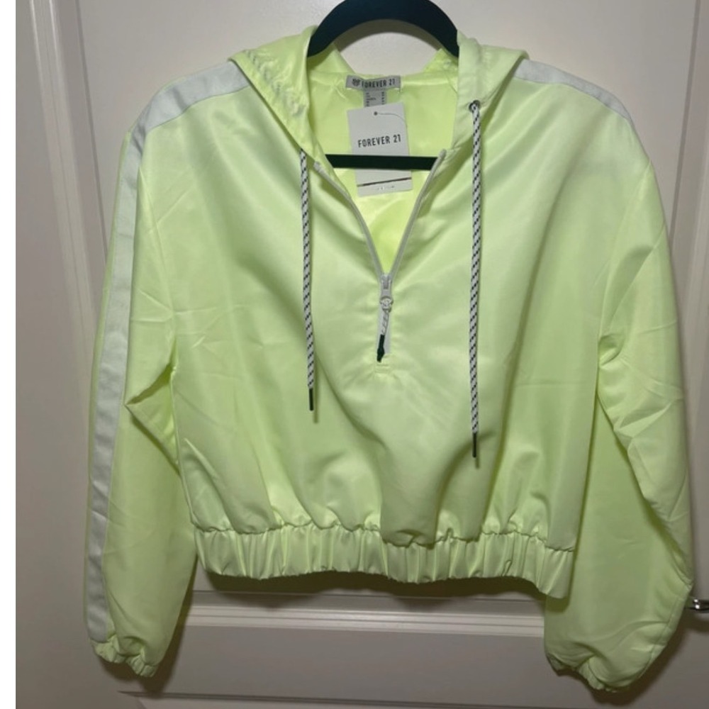 Forever 21 Women Neon Yellow Cropped Windbreaker Quarter Zip Hooded Jacket XS